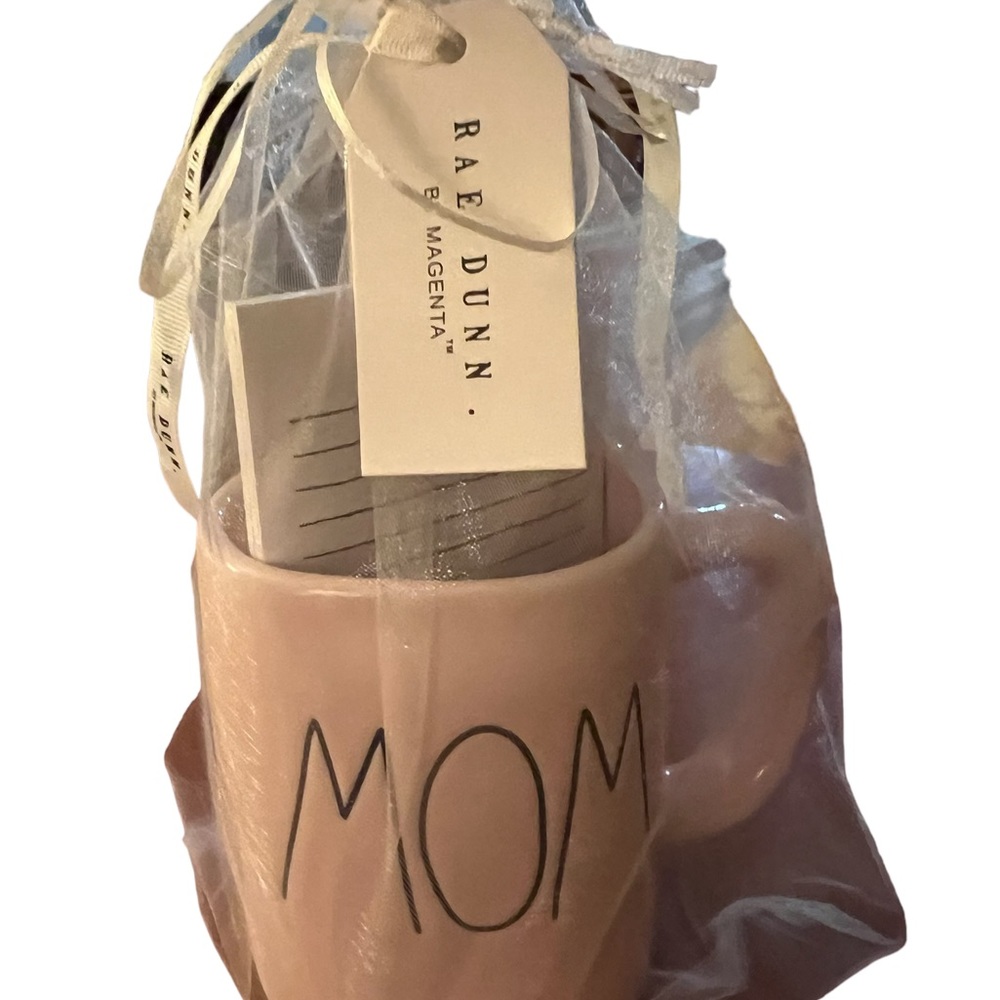 Rae Dunn “Mom” mug with cute pencils and notepad wrapped in sheer netting.